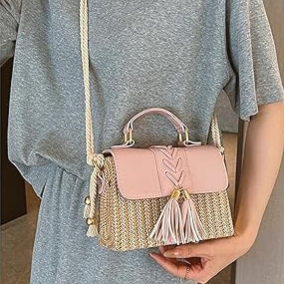 Neiman Marcus Pink Straw & Leather Flap Gold Hardware Crossbody - Picture 3 of 5